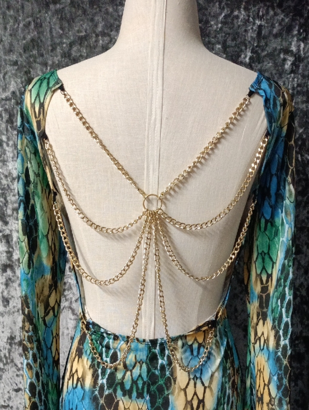 Green-Blue Snake Print Backless Dress with Gold Chain Detail Bell Sleeves